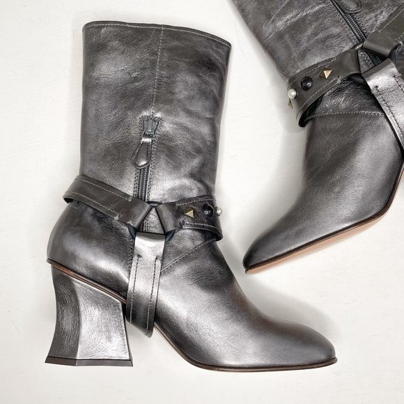 Distressed Leather Heeled Harness Boots 
